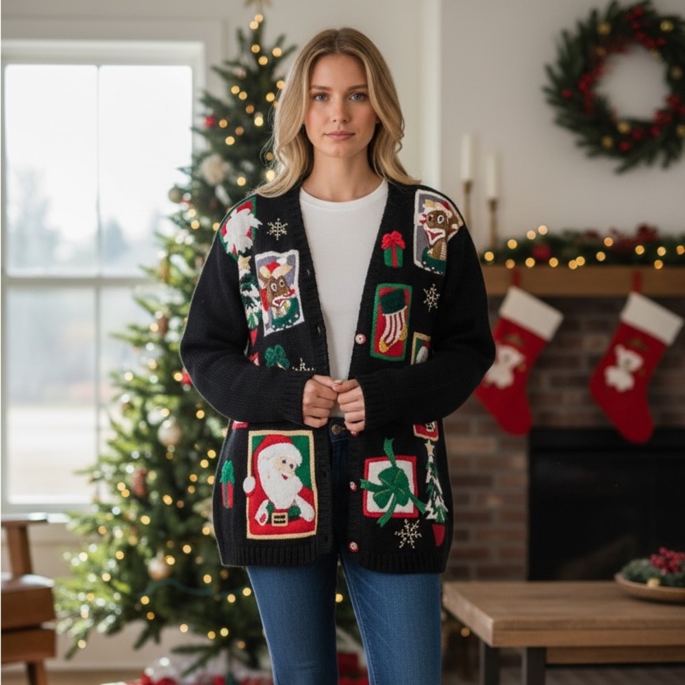 VINTAGE CHRISTMAS SWEATER YARNWORKS  Black Cardigan Women’s Size Medium 3150-10
